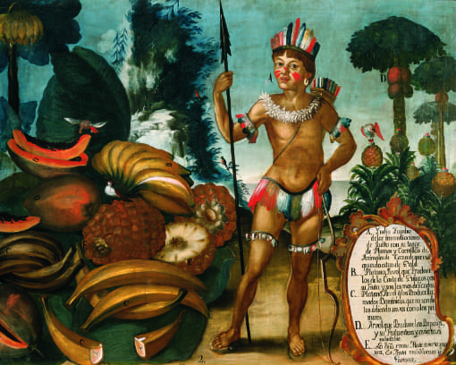 Indio Yumbo An image from colonial times of a Yumbo man, dressed in a feathered crown, armbands, and loin cloth standing next to a pile of fruits of the forest